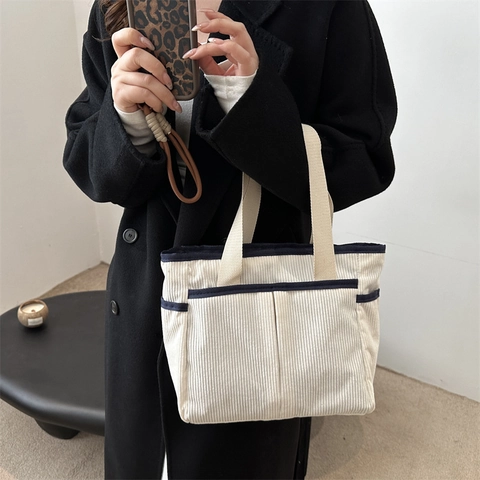 Women Corduroy Large Capacity Tote Bag Casual Solid Color Striped Shoulder Bag Commuting Top Handle Bag For Daily Life