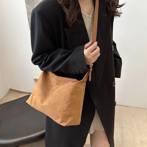 Bolso De Hombro Hobo Minimalista De Gamuza Sintética Gran Capacidad Para Mujer Bolso Tote Retro De Color Sólido
