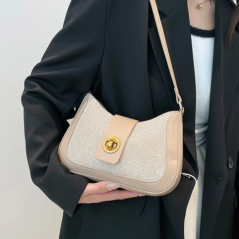 Women Underarm Shoulder Bag PU Leather Glitter Fabric Round Gold Twist Lock Small Fashion Crossbody Square Purse