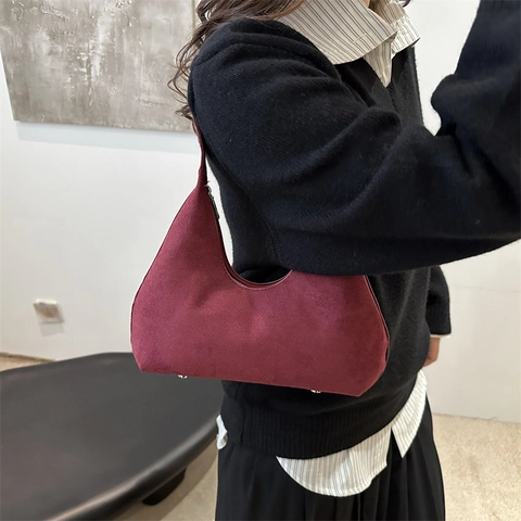 Borsa Sottobraccio Da Donna In PU Opaco Retrò Consistenza Scamosciata Mezzaluna Borsa A Tracolla Autunno Inverno