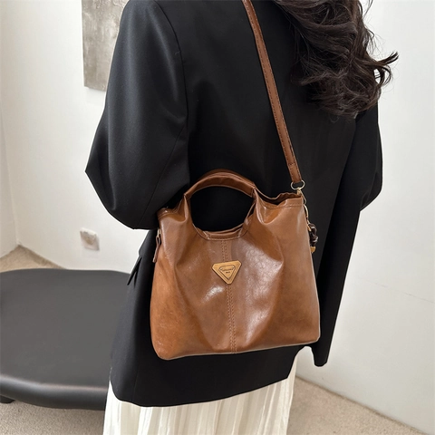 Women Shoulder Bucket Bag PU Leather Crossbody Handbag With Triangular Logo Retro Minimalist Solid Color Tote
