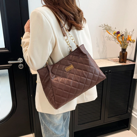 Große PU Leder Gesteppte Tragetasche Für Damen Mode Rautenmuster Schultertasche Mit Kette Lässig Büro Shopping Handtasche