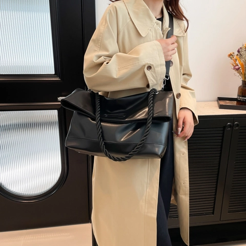 Dames Mode Grote Tote Bag PU Leer Grote Capaciteit Schoudertas Met Gevlochten Touw Handvat Minimalistische Woon-Werkverkeer Crossbody Tas