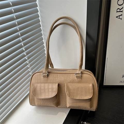Vintage Crocodile Pattern PU Leather Shoulder Bag For Women Fashion Boston Underarm Handbag With Double Pockets Daily Commute Bag