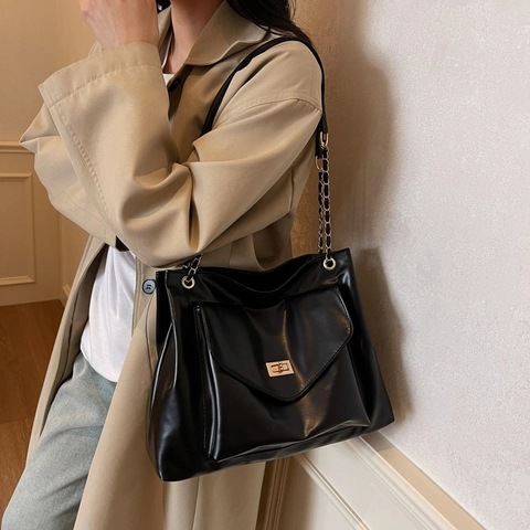 Damen Große Tragetasche Aus PU-Leder Mode Schultertasche Mit Kettenriemen Und Drehverschluss Für Arbeit Schule Alltagstasche