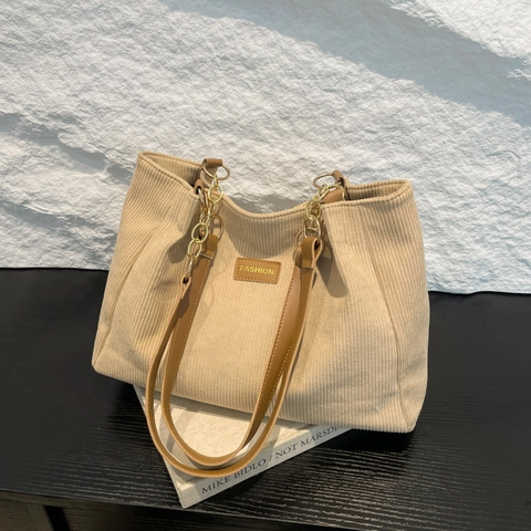 Borsa Tote da Donna Minimalista Urbana in Velluto a Coste Grande Capacità Borsa a Tracolla a Righe Verticali Con Catena in Metallo
