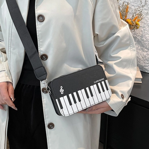 Borsa a Tracolla in Pelle PU con Motivo a Tasti di Pianoforte Borsa Quadrata a Tracolla a Tema Musicale con Tracolla Larga Regolabile da Donna