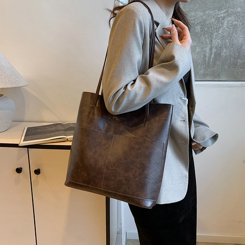 Damen Retro Große Kapazität PU Leder Tragetasche Mode Einfache Einfarbige Schultertasche Für Pendeln Täglichen Bürogebrauch