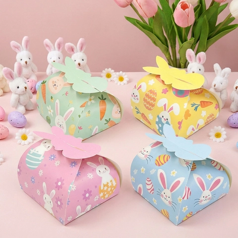 Boîtes Cadeaux De Pâques En Papier Oreilles De Lapin Emballage Bonbons Lapin Dessin Animé Oeuf Imprimé Décor Fête