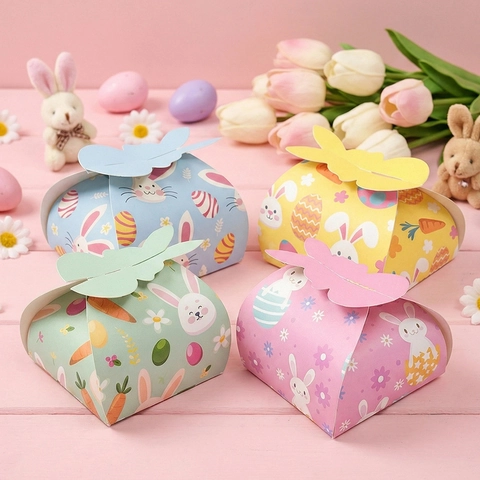 Boîtes Cadeaux De Pâques En Papier Oreilles De Lapin Emballage Bonbons Lapin Dessin Animé Oeuf Imprimé Décor Fête