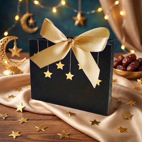 Bolsa de Regalo de Papel Kraft Elegante Con Lazo de Cinta de Satén Lámina de Oro Estrella Luna Patrón Elegante Vintage Celebración Fiesta Recuerdos Envoltura Bolso