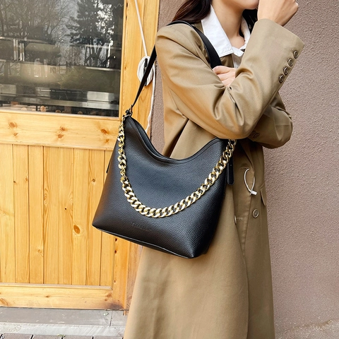 Hobo Bag For Women Large Capacity PU Lychee Leather Shoulder Bag With Gold Thick Chain Retro Chic Solid Color Tote