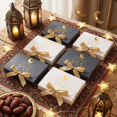 Elegante Goldfolie Stern Mond Geschenkbox Mit Satin Schleife Luxus Hartkarton Geschenkverpackung Box Für Ramadan Zuckerfest Party Hochzeit