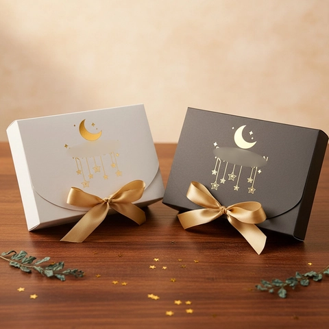 Elegante Goldfolie Stern Mond Geschenkbox Mit Satin Schleife Luxus Hartkarton Geschenkverpackung Box Für Ramadan Zuckerfest Party Hochzeit