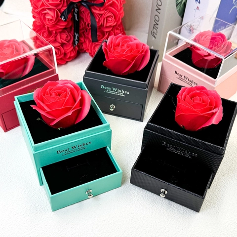 Caja de Regalo Joyero Rosa Preservada Con Cajón Tapa de Acrílico Transparente Y Bolsa de Regalo Flor de Jabón Romántica Mujer