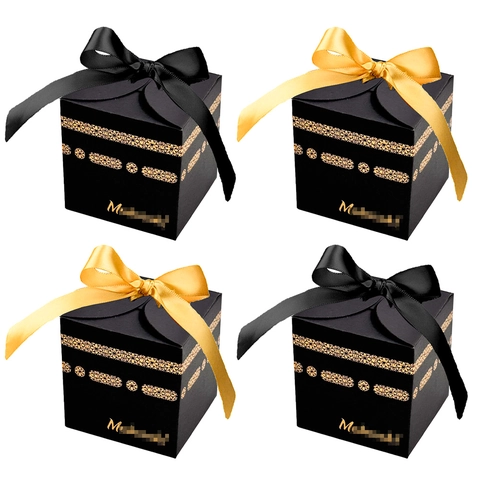 Black Square Gift Box Paper Gold Stamping Mubarak Castle Pattern Satin Ribbon Candy Boxes Party Favors Ramadan Eid