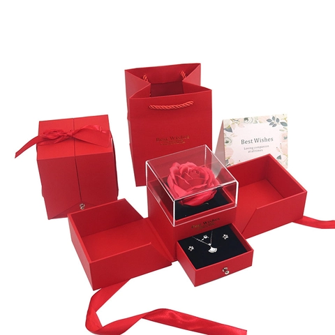 Romantic Red Double Door Jewelry Gift Box With Soap Rose And Tote Bag For Ring Necklace Wedding Valentine's Day Gift