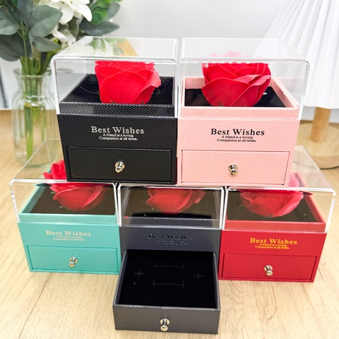 Caja de Regalo Joyero Rosa Preservada Con Cajón Tapa de Acrílico Transparente Y Bolsa de Regalo Flor de Jabón Romántica Mujer