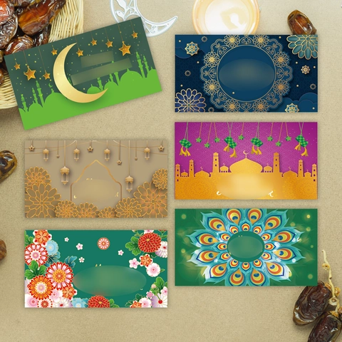 Sobres de Dinero Verdes Eid Mubarak Ramadan Diseño Islámico Mezquita Luna Creciente Cartulina para Fiesta de Hari Raya