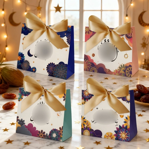 Eid Ramadan Mubarak Geschenktüten Karton Mandala Muster Goldband Schleife Party Gastgeschenke Süßigkeiten Boxen