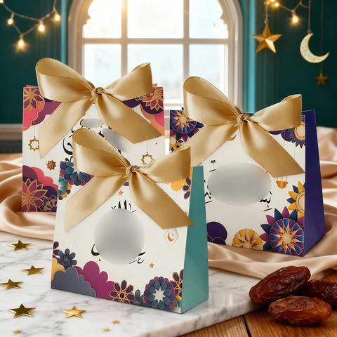 Eid Ramadan Mubarak Geschenktüten Karton Mandala Muster Goldband Schleife Party Gastgeschenke Süßigkeiten Boxen