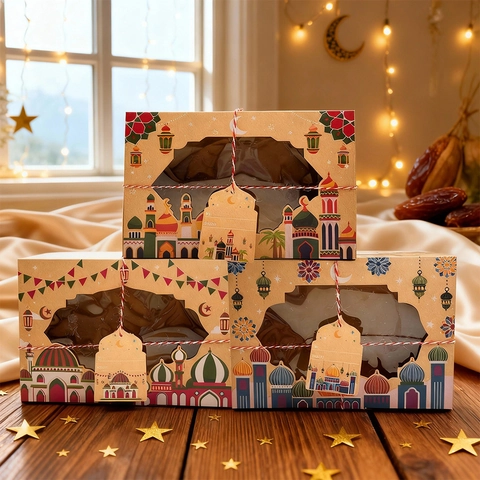 Kraft Paper Eid Gift Box With PVC Window Mosque Pattern Ramadan Festive Party Favor Packaging Box With Cotton String And Tag