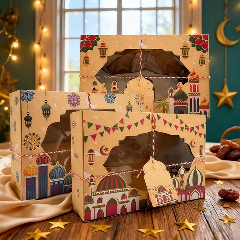 Kraft Paper Eid Gift Box With PVC Window Mosque Pattern Ramadan Festive Party Favor Packaging Box With Cotton String And Tag