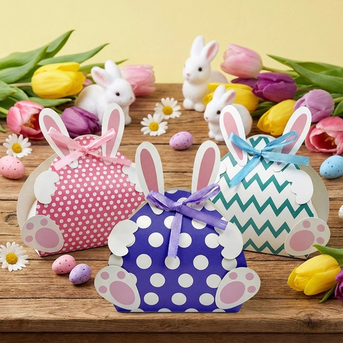 Easter Candy Box Rabbit Ear Shape Paper Gift Packaging Box For Party Favors Cartoon Bunny Gnome Design Treats Container Holiday Decoration