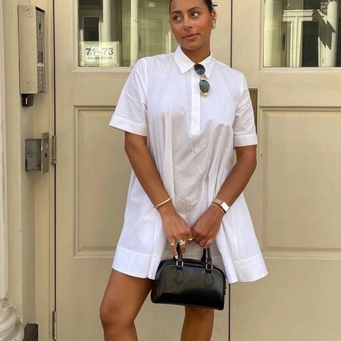 Vestido Camisero de Algodón Blanco Informal para Mujer Minimalista Manga Corta Solapa Holgado Línea A Mini Vestido Verano Diario