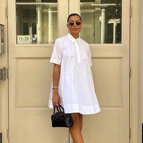 Vestido Camisero de Algodón Blanco Informal para Mujer Minimalista Manga Corta Solapa Holgado Línea A Mini Vestido Verano Diario
