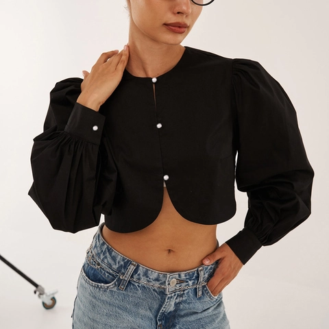 Camisa Casual de Algodón con Mangas Abullonadas para Mujer Cuello Redondo Manga Larga Crop Top Blusa Color Sólido Botones