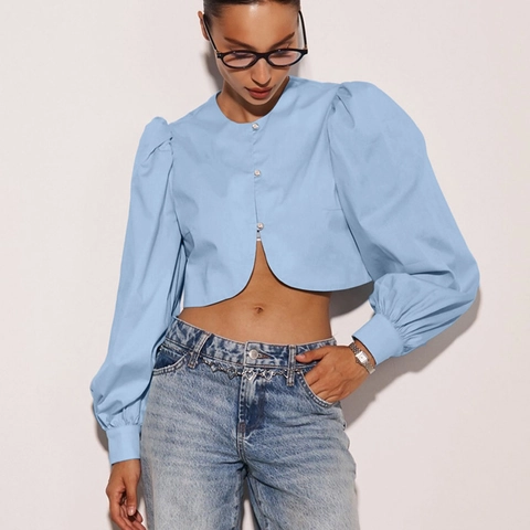 Camisa Casual de Algodón con Mangas Abullonadas para Mujer Cuello Redondo Manga Larga Crop Top Blusa Color Sólido Botones