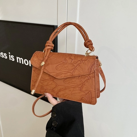 Borsa a Tracolla da Donna con Goffratura in Stile Cinese Loto Carpa in Pelle PU Piccola Borsa a Mano Quadrata Elegante Crossbody