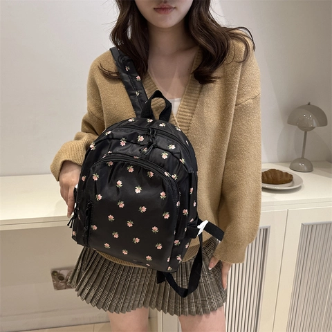 Women Casual Nylon Backpack Small Fresh Floral Print Mini School Bag Forest Style Simple Shoulder Bag Travel Daily Use
