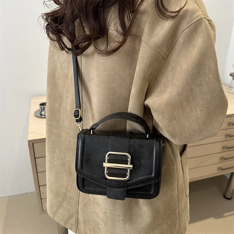 Borsa a Spalla da Donna in Pelle PU Vintage Con Fibbia Quadrata in Metallo Borsa a Tracolla alla Moda
