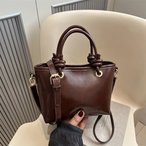 Bolso Bombonera de Cuero PU Retro Vintage Para Mujer Bolso de Hombro Minimalista de Color Sólido Con Asa de Nudo Moda