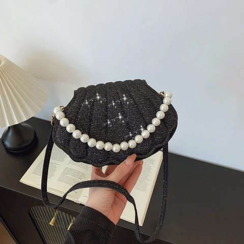 Bolso de Hombro de Moda para Mujer con Forma de Concha con Asa de Perlas Artificiales Cadena de Lentejuelas Bolso Cruzado Elegante para Banquete
