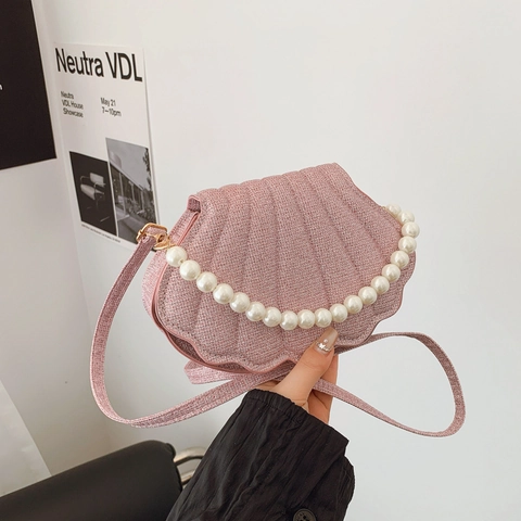 Bolso de Hombro de Moda para Mujer con Forma de Concha con Asa de Perlas Artificiales Cadena de Lentejuelas Bolso Cruzado Elegante para Banquete