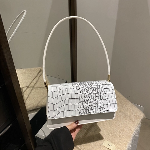Women Baguette Underarm Bag PU Leather Croc Pattern Retro Solid Color Shoulder Bag Elegant Daily Fashion Bag