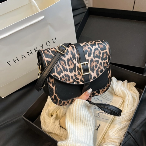 Bolso de Hombro de Mujer Patchwork de Leopardo Cuero PU Bolso Bandolera Retro Moda Bolso Pequeño con Solapa Cuadrada Diario