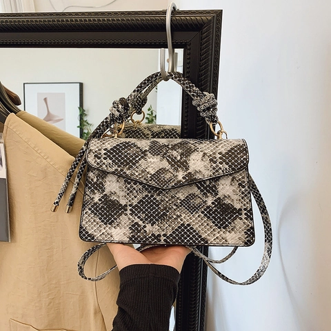 Γυναικεία Retro Τσάντα Ώμου Snake Print από Δέρμα PU Μοντέρνα Μικρή Τετράγωνη Τσάντα Knot Handle Gold Hardware Crossbody Bag
