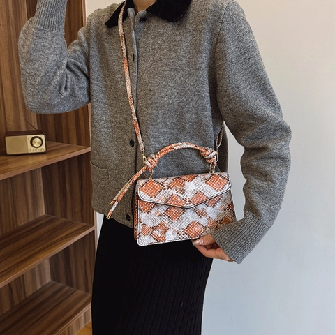 Γυναικεία Retro Τσάντα Ώμου Snake Print από Δέρμα PU Μοντέρνα Μικρή Τετράγωνη Τσάντα Knot Handle Gold Hardware Crossbody Bag