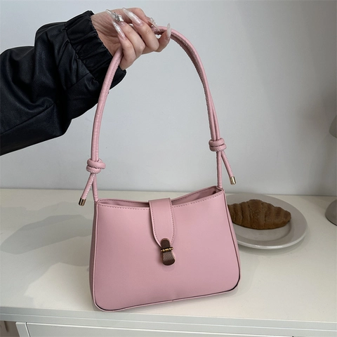 Vintage PU Leather Underarm Bag Minimalist Small Shoulder Crossbody Bag With Rope Knot Strap Retro Metal Buckle Women