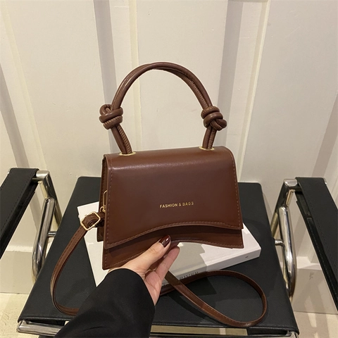 Borsa Quadrata Piccola in Pelle PU Tinta Unita da Donna Con Manico Annodato Borsa a Mano a Tracolla Con Lettere