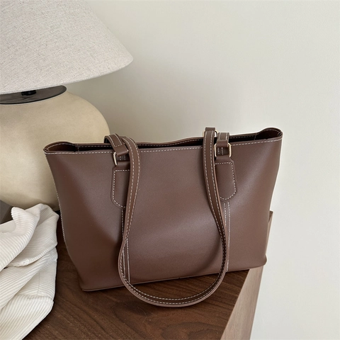 Bolso Tote Vintage de Gran Capacidad de Cuero PU Bolso de Mano Mujer Costuras en Contraste Bolso de Hombro Minimalista Color Sólido