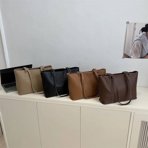 Bolso Tote de Cuero PU Minimalista para Mujer Color Sólido Gran Capacidad Bolso de Hombro de Moda Bolso de Colegio Casual