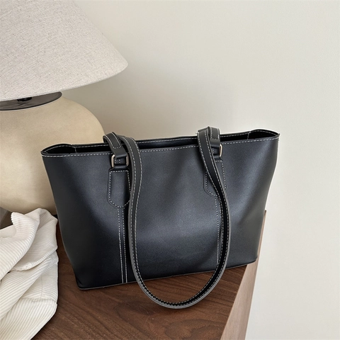 Bolso Tote Vintage de Gran Capacidad de Cuero PU Bolso de Mano Mujer Costuras en Contraste Bolso de Hombro Minimalista Color Sólido