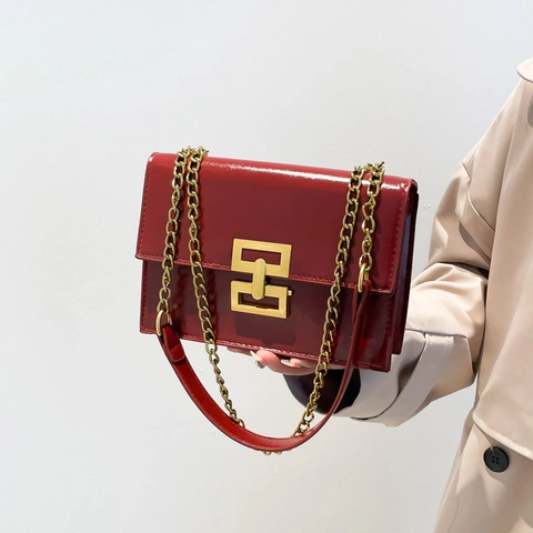 Women Small Square Shoulder Bag PU Leather Glossy Chain Crossbody Handbag With Geometric Gold Lock Flap Over