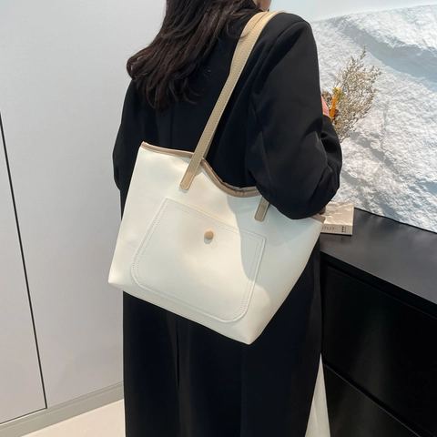 Bolso de Mano Grande de Cuero PU para Mujer Bolso de Hombro Minimalista Bolsillo Delantero Viaje Color Sólido Bolso de Moda