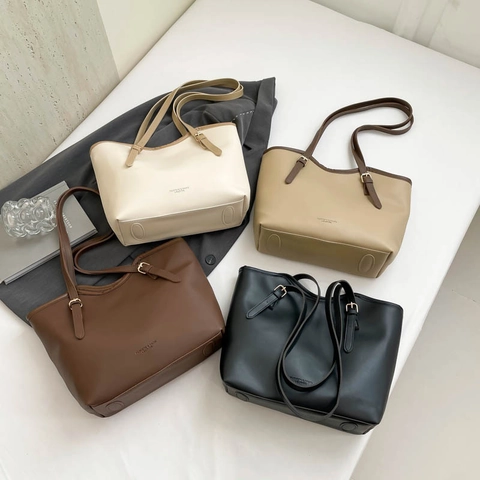 Large Capacity PU Leather Tote Bag For Women Retro Solid Color Shoulder Bag With Adjustable Strap 2025 Fashion Commuting Bag
